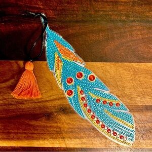 Handmade Diamond Painted Ornament Bookmark Drawer Pull With Orange Blue Jewels